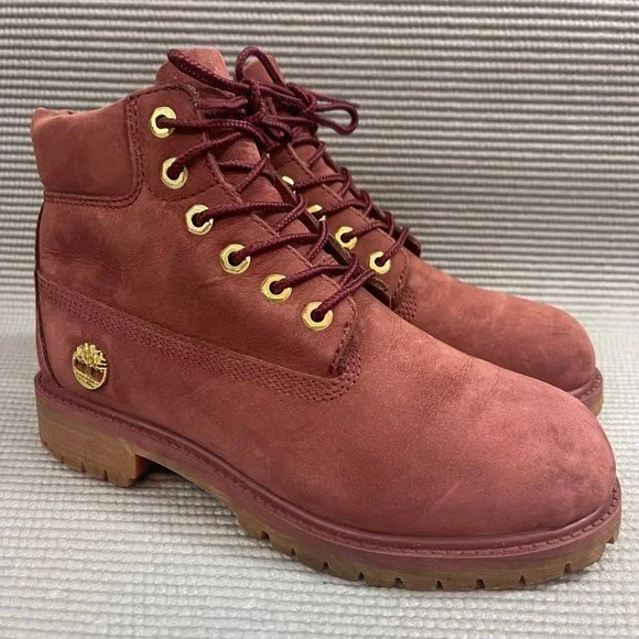 Timberland Youth Kids Size 2 Classic 6 inch Burgundy Red Premium Leather Boots - Picture 3 of 12